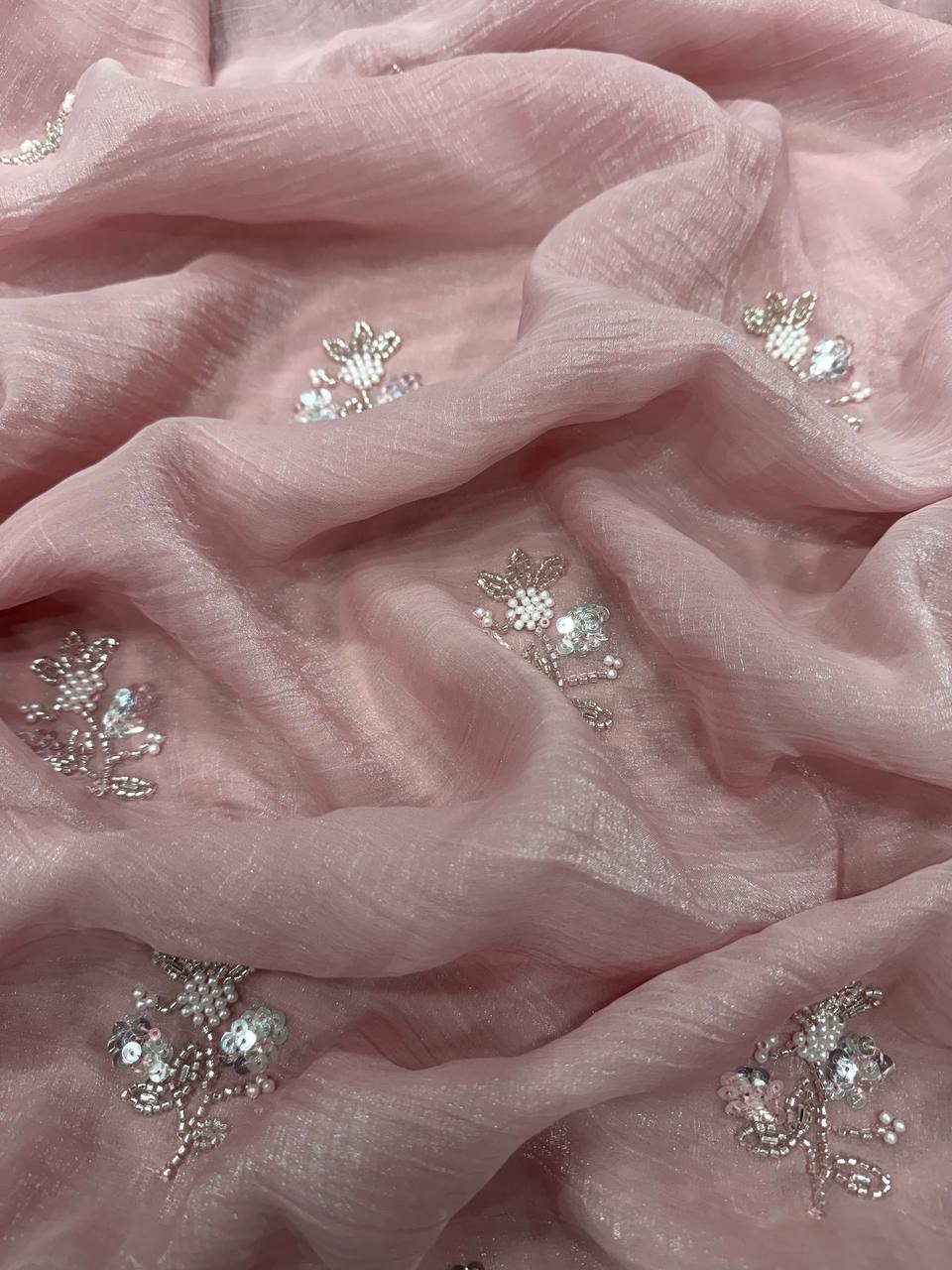 Women's Soft Pink Organza Saree with Delicate Pearl & Sequin Floral Embroidery – Lightweight Sheer Drape for Festive, Wedding & Party Wear - Image 3